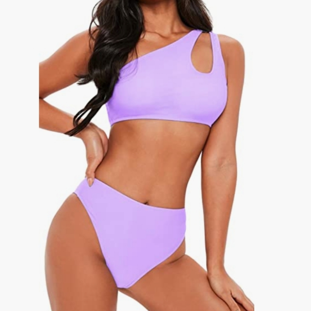 Bikini Set Cutout One Shoulder High Waist Swimsuit Size Small Light Purple